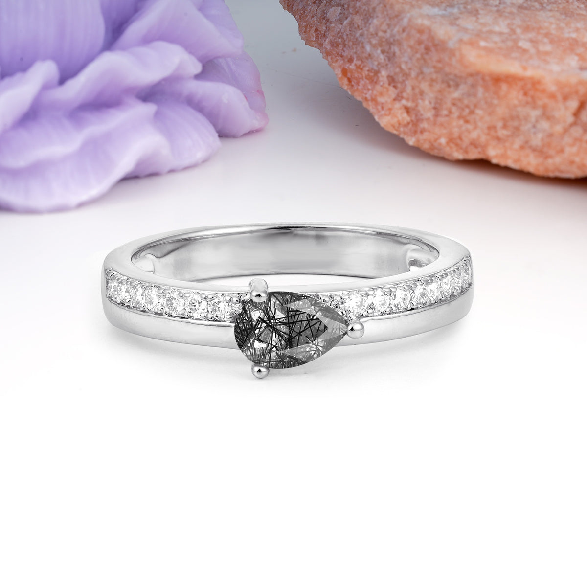 Classic 3-Prong Pear Cut Black Rutilated Quartz Engagement Ring - Additional view