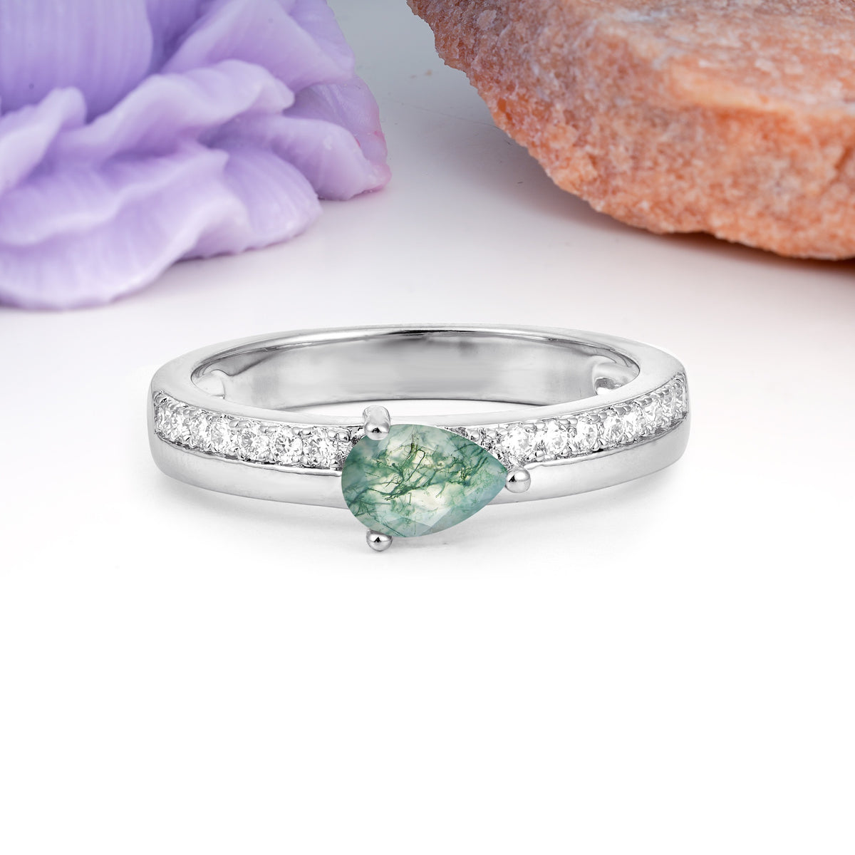 Classic 3-Prong Pear Cut Moss Agate Engagement Ring - Additional view