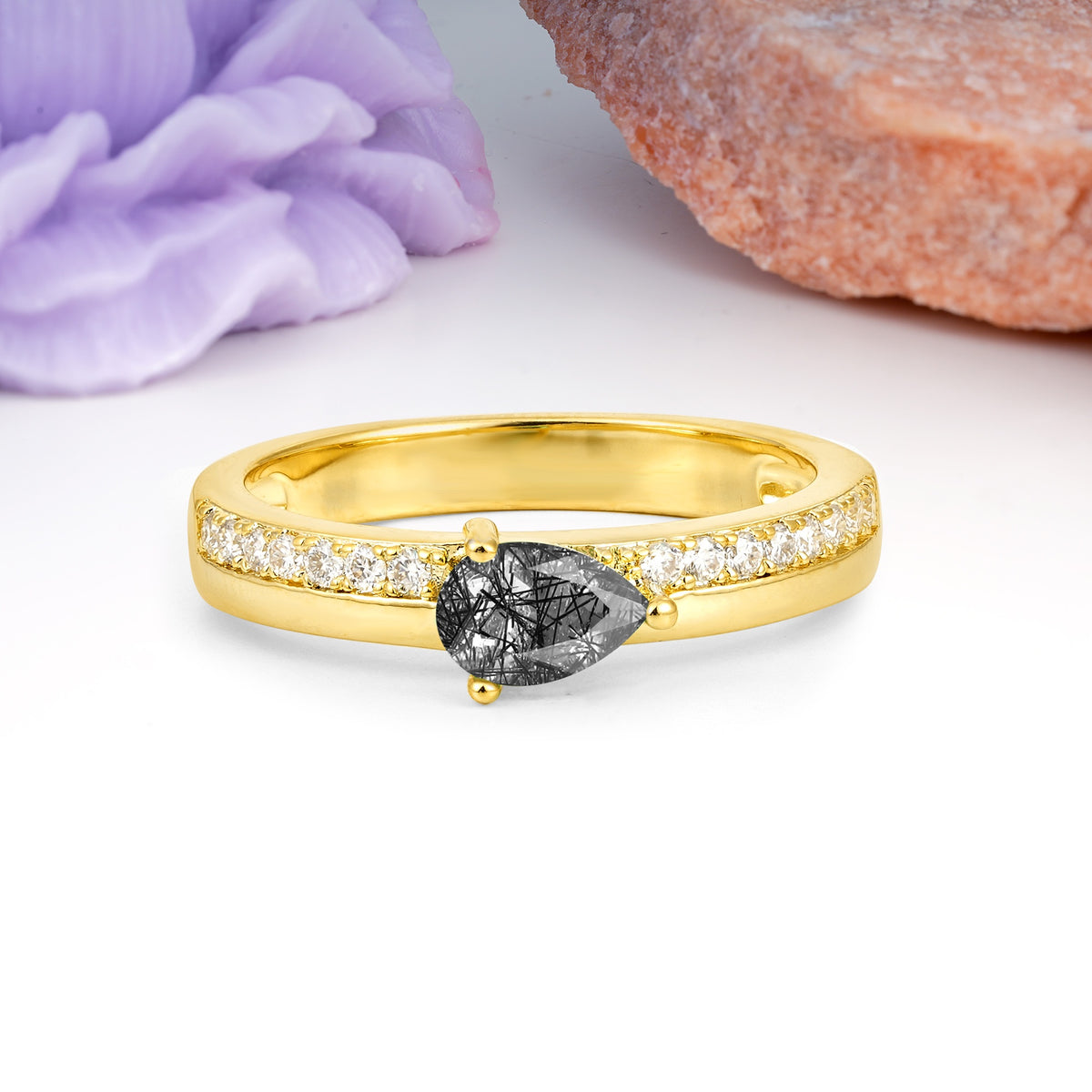 Classic 3-Prong Pear Cut Black Rutilated Quartz Engagement Ring - Additional view