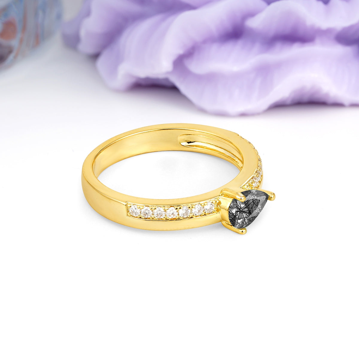 Classic 3-Prong Pear Cut Black Rutilated Quartz Engagement Ring - Additional view