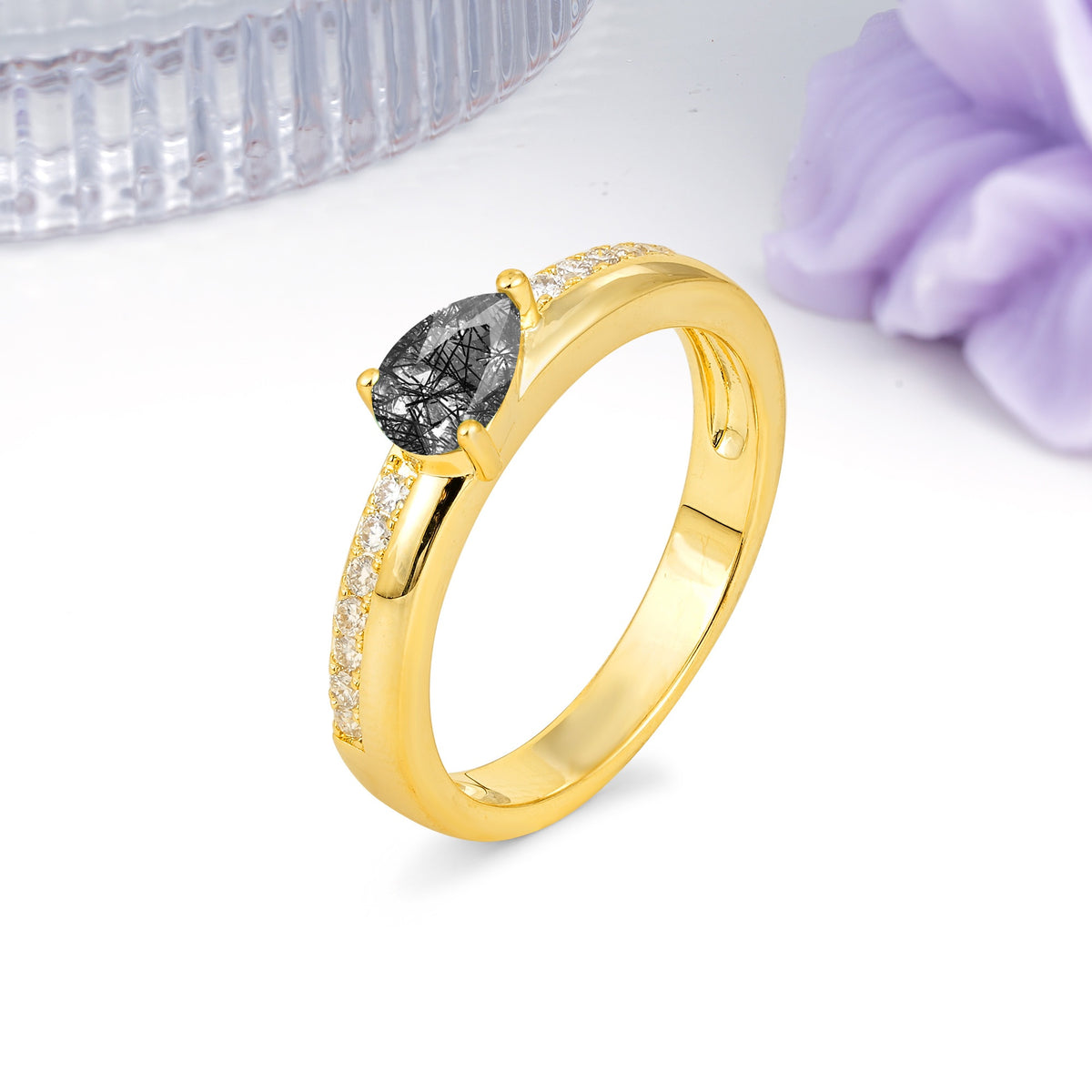 Classic 3-Prong Pear Cut Black Rutilated Quartz Engagement Ring - Additional view