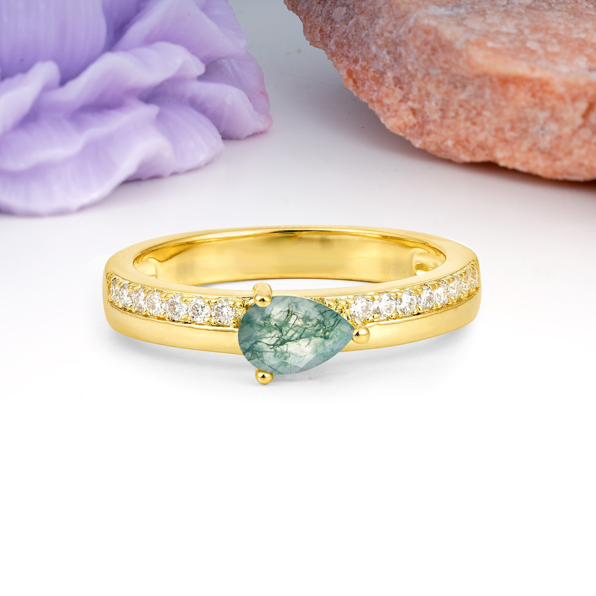 Classic 3-Prong Pear Cut Moss Agate Engagement Ring - Additional view