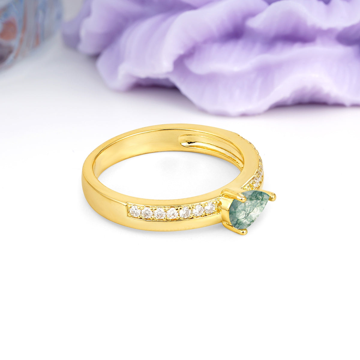 Classic 3-Prong Pear Cut Moss Agate Engagement Ring - Additional view