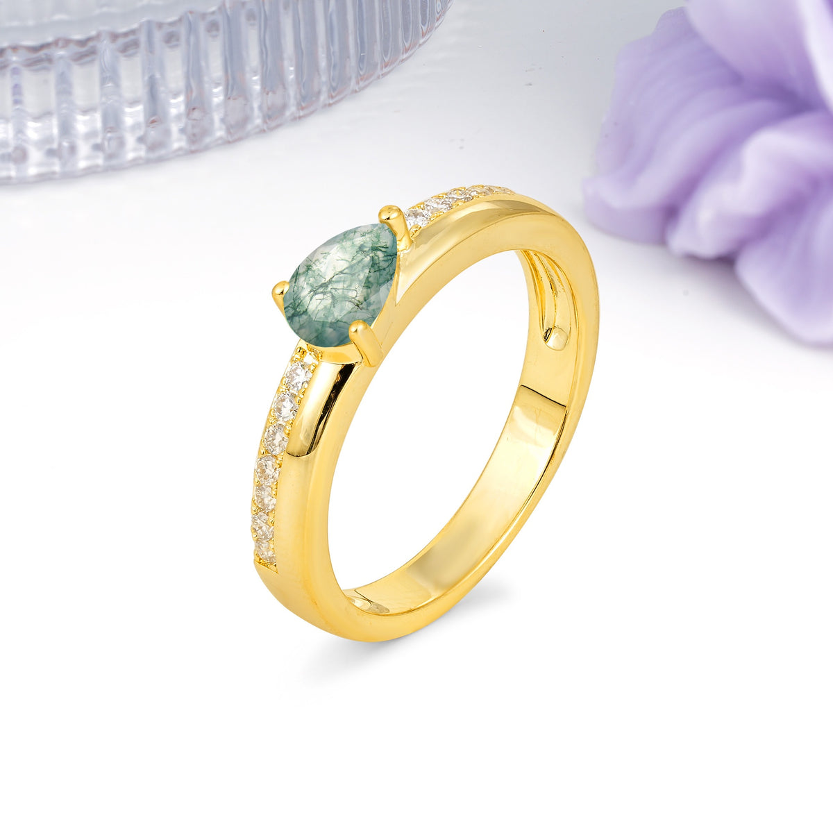 Classic 3-Prong Pear Cut Moss Agate Engagement Ring - Additional view