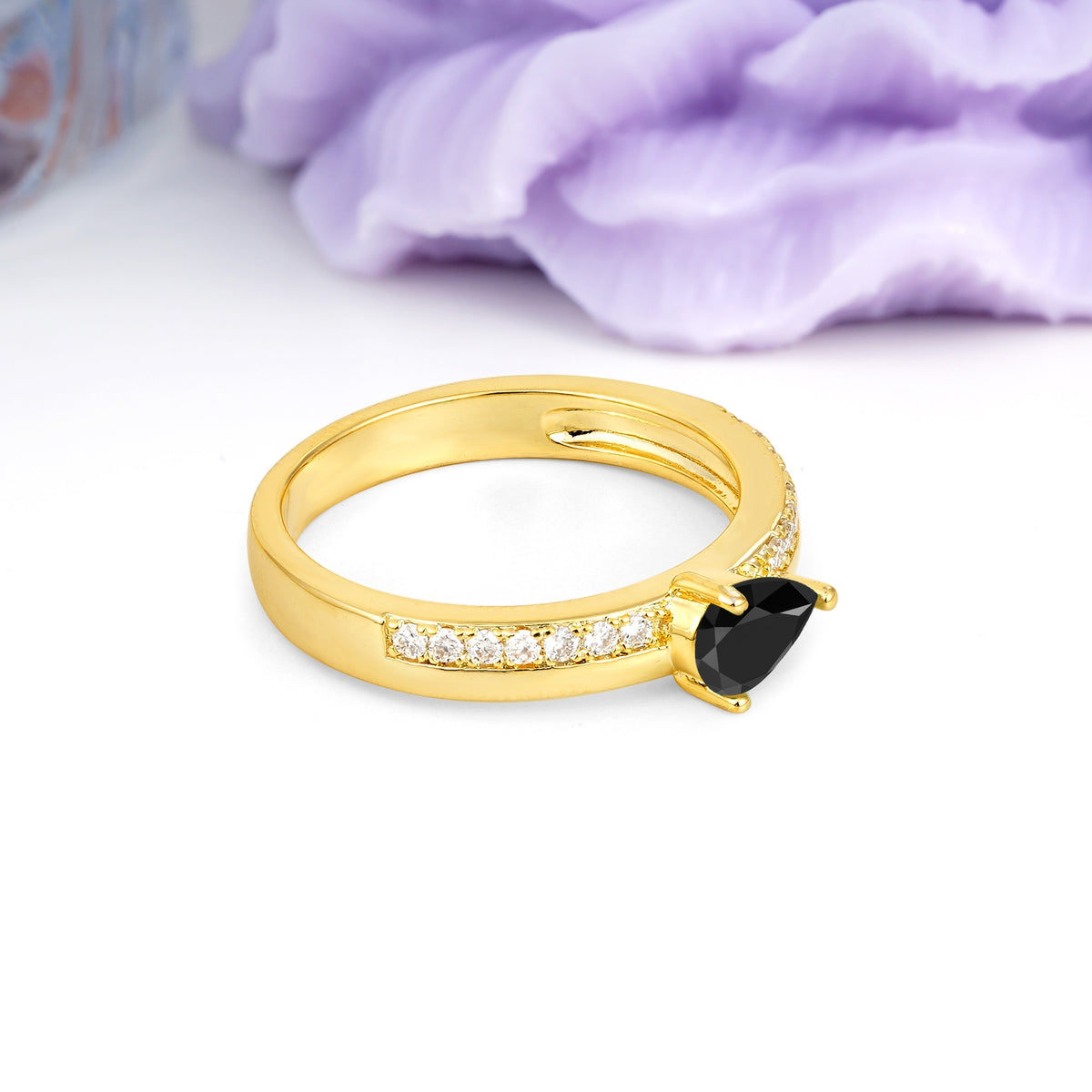 Classic 3-Prong Pear Cut Black Onyx Engagement Ring - Additional view