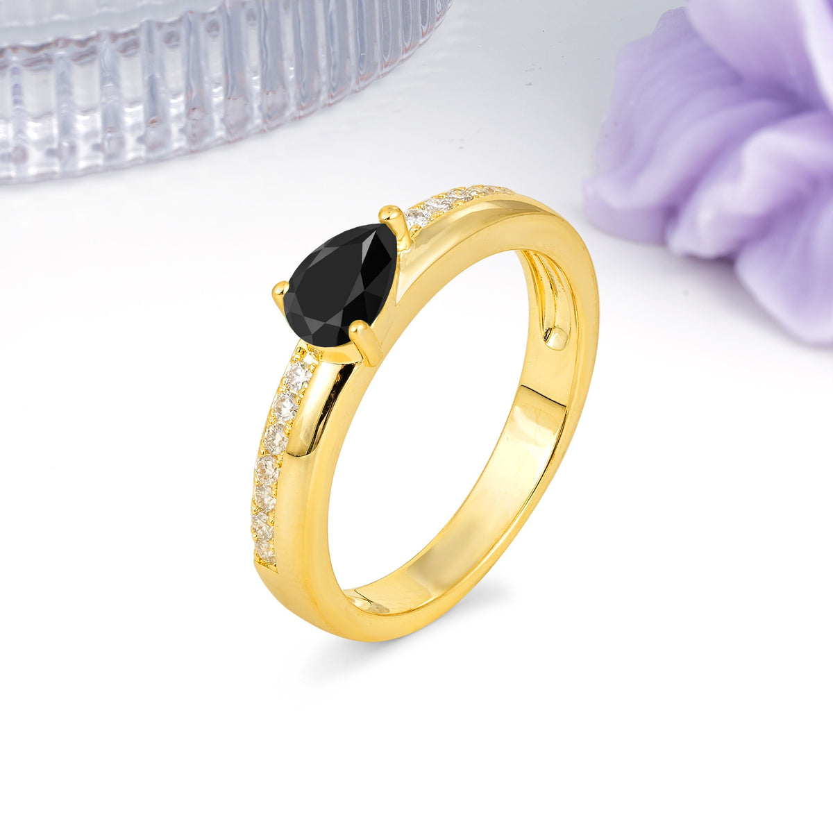 Classic 3-Prong Pear Cut Black Onyx Engagement Ring - Additional view