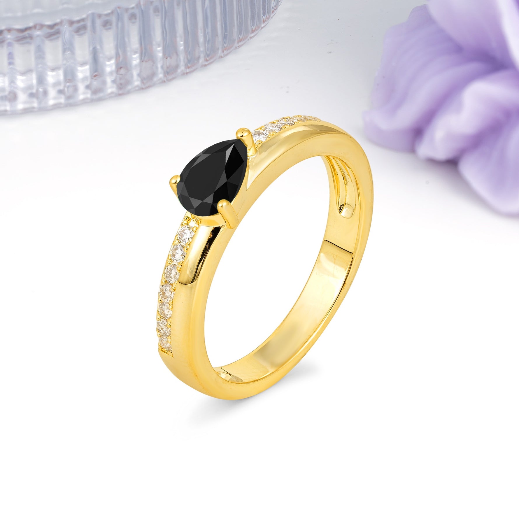 Classic 3-Prong Pear Cut Black Onyx Engagement Ring - Additional view