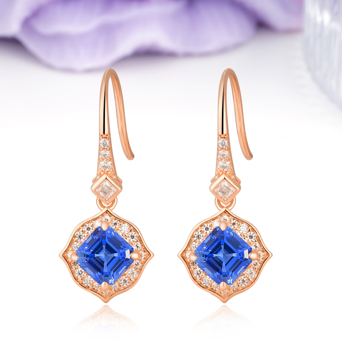 Ornate Square Sapphire Milgrain Halo Wire Hook Drop Earrings - Additional view