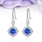 Ornate Square Sapphire Milgrain Halo Wire Hook Drop Earrings - Additional view