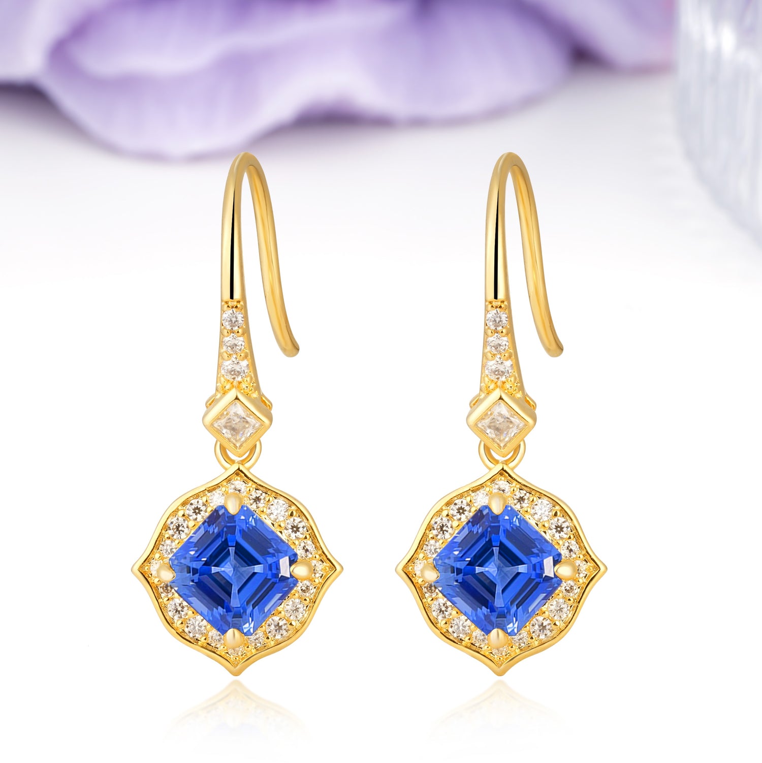 Ornate Square Sapphire Milgrain Halo Wire Hook Drop Earrings - Additional view