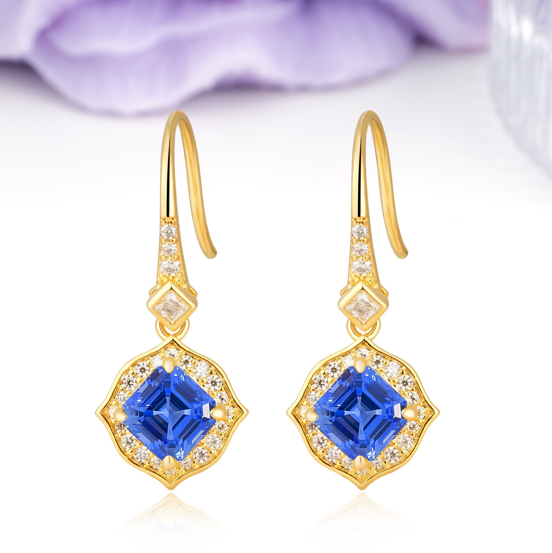 Ornate Square Sapphire Milgrain Halo Wire Hook Drop Earrings - Additional view