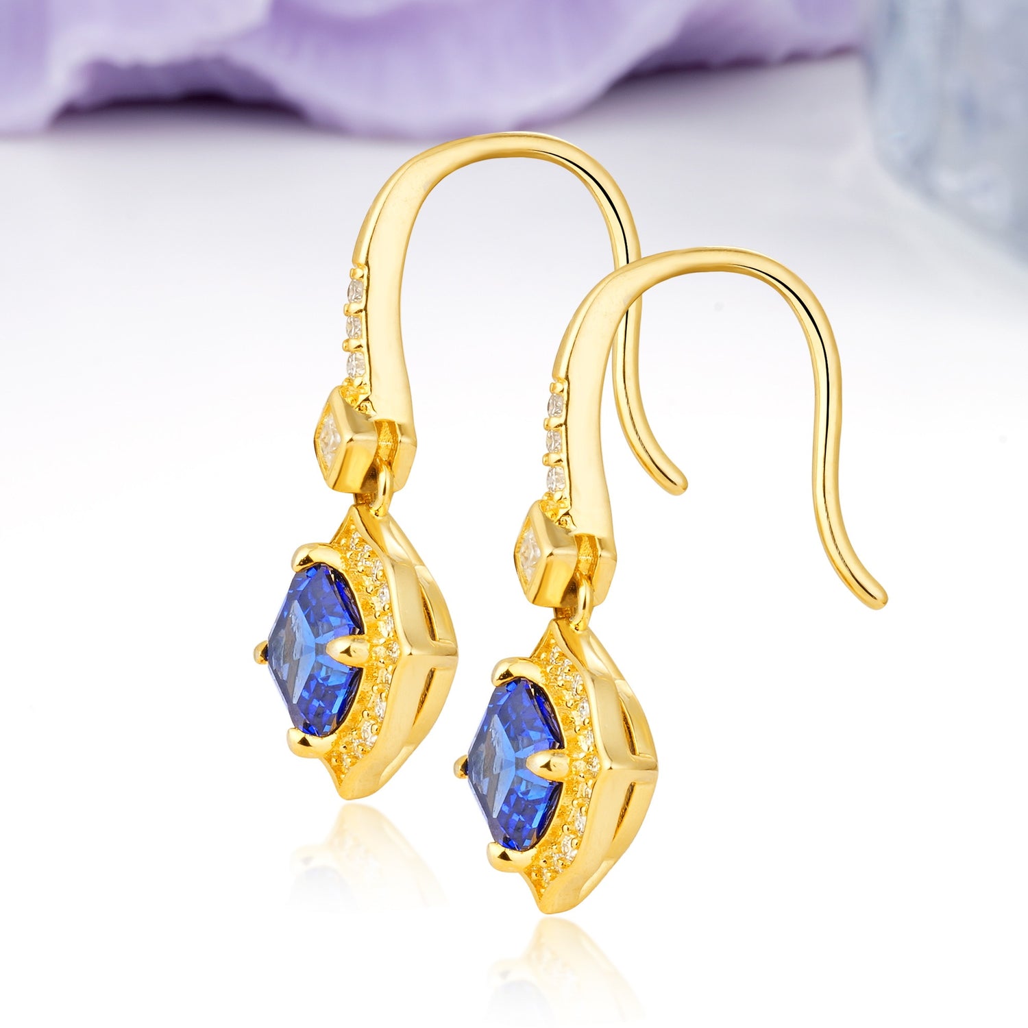 Ornate Square Sapphire Milgrain Halo Wire Hook Drop Earrings - Additional view