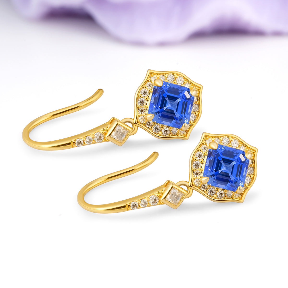 Ornate Square Sapphire Milgrain Halo Wire Hook Drop Earrings - Additional view