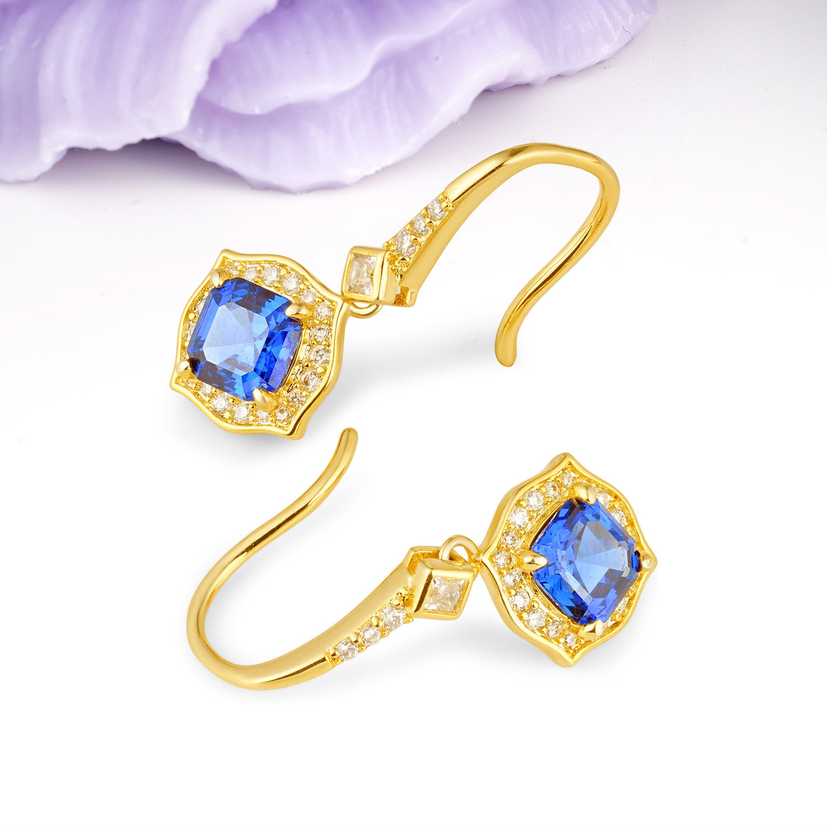 Ornate Square Sapphire Milgrain Halo Wire Hook Drop Earrings - Additional view