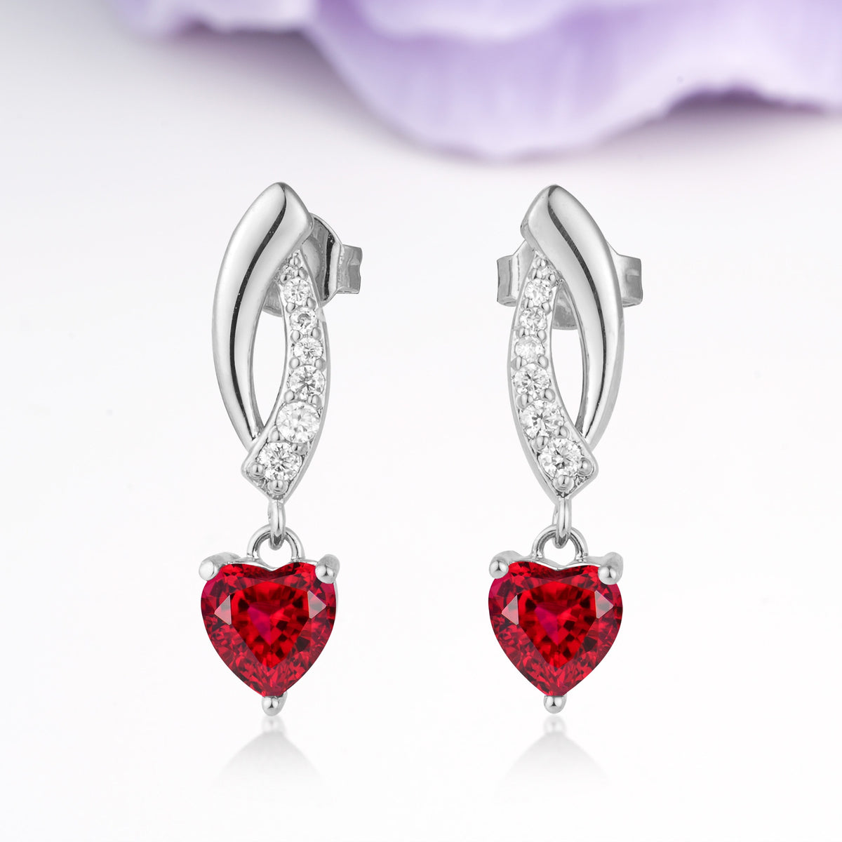 Romantic Curved?Shank Pave?Accent Heart Cut Ruby Gold Dangle Earrings - Additional view