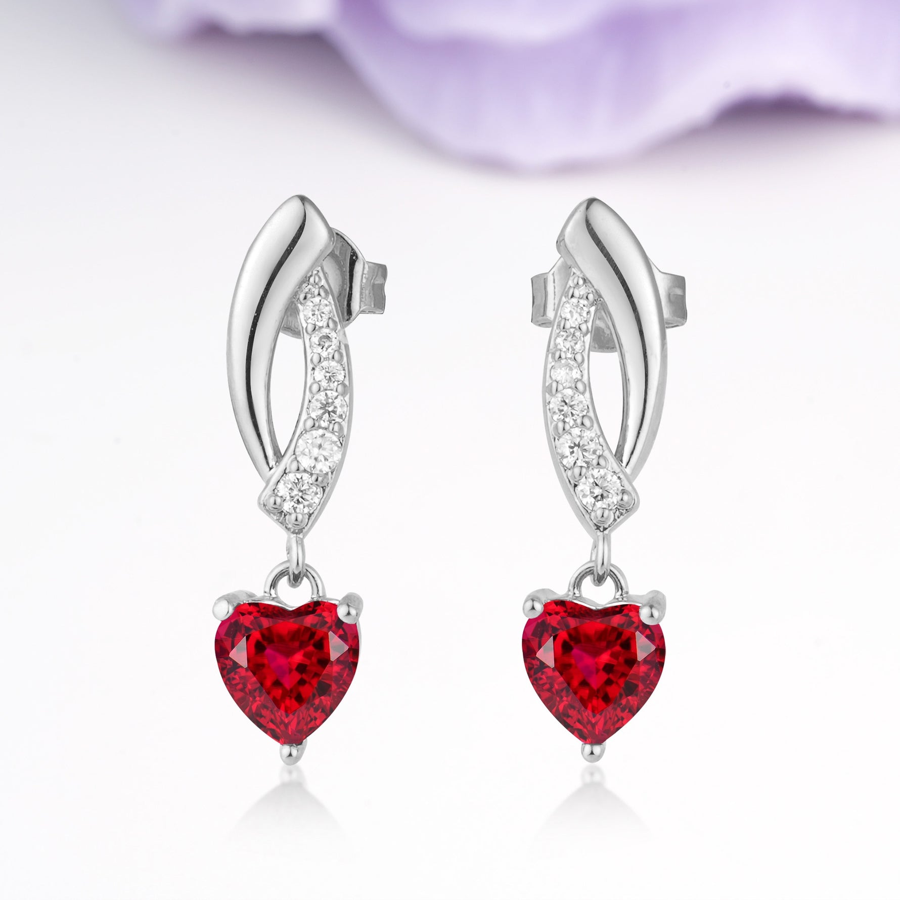 Romantic Curved?Shank Pave?Accent Heart Cut Ruby Gold Dangle Earrings - Additional view