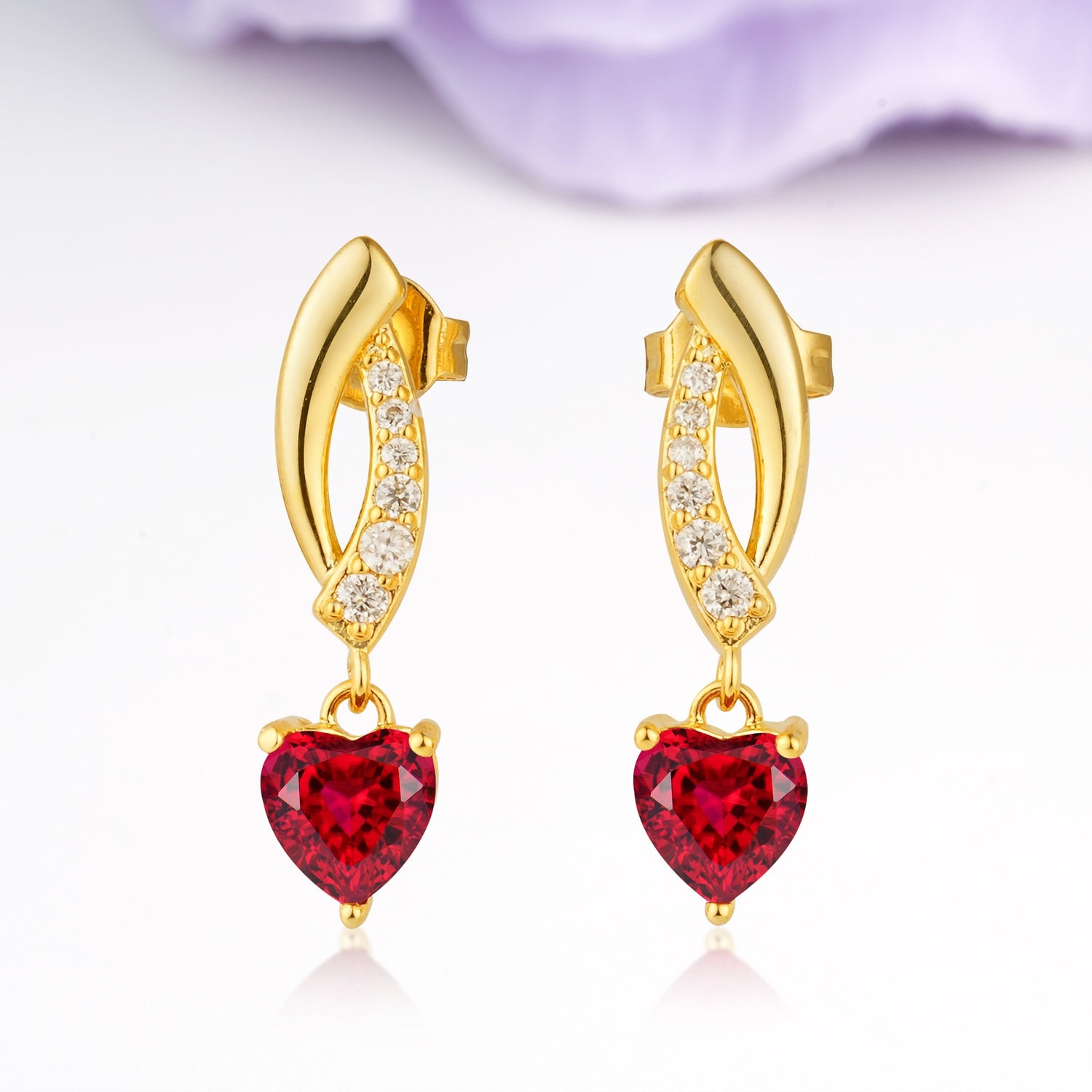Romantic Curved?Shank Pave?Accent Heart Cut Ruby Gold Dangle Earrings - Additional view
