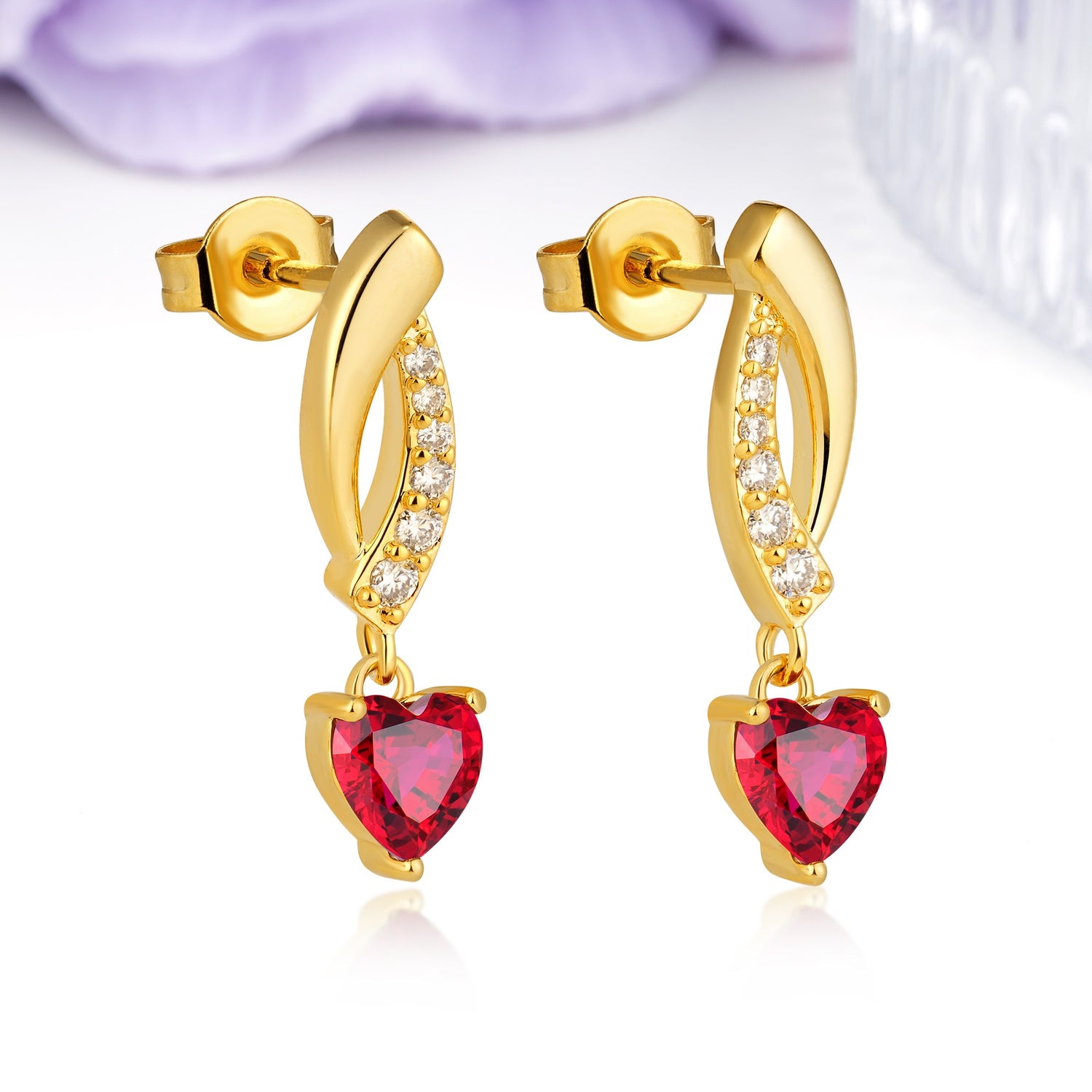 Romantic Curved?Shank Pave?Accent Heart Cut Ruby Gold Dangle Earrings - Additional view