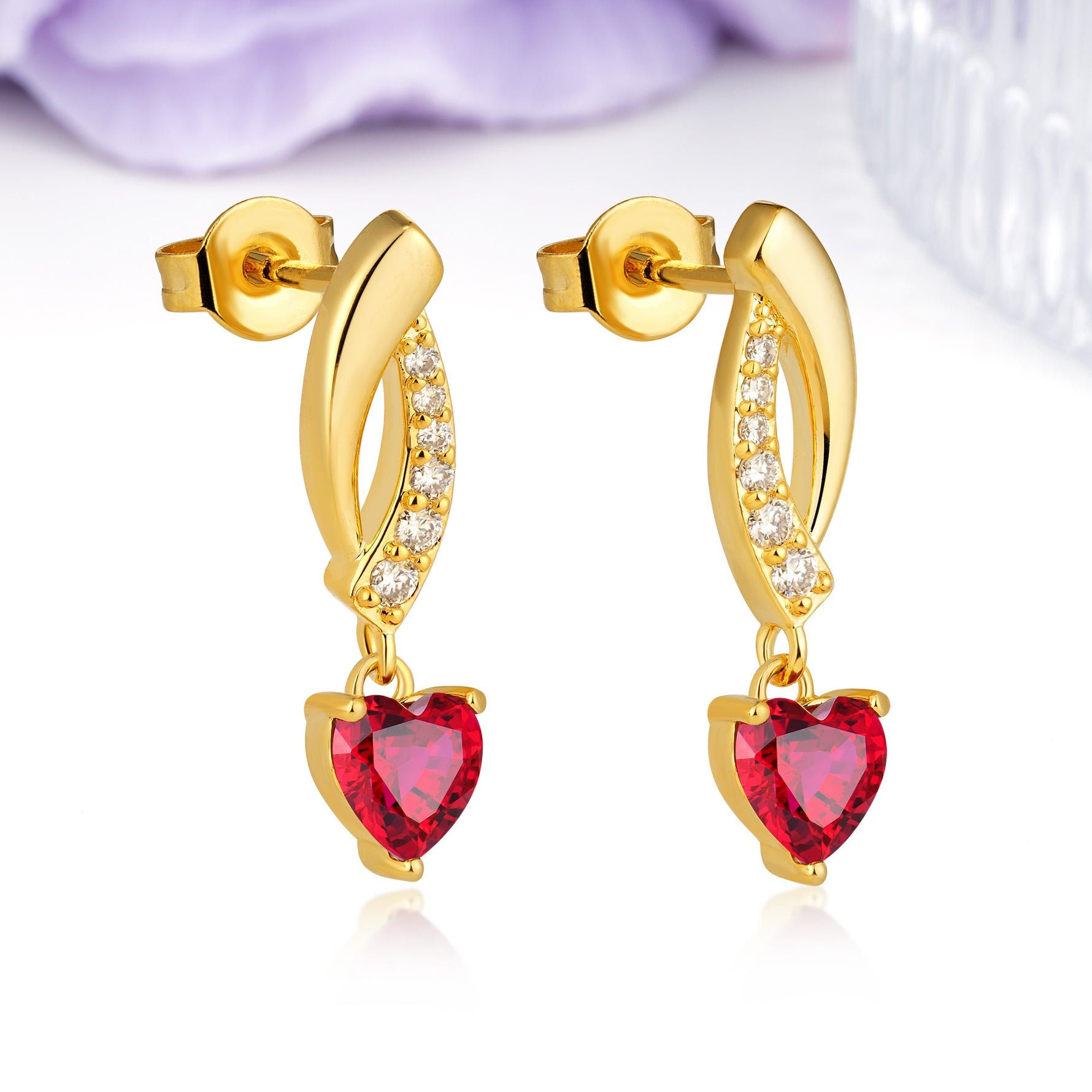 Romantic Curved?Shank Pave?Accent Heart Cut Ruby Gold Dangle Earrings - Additional view