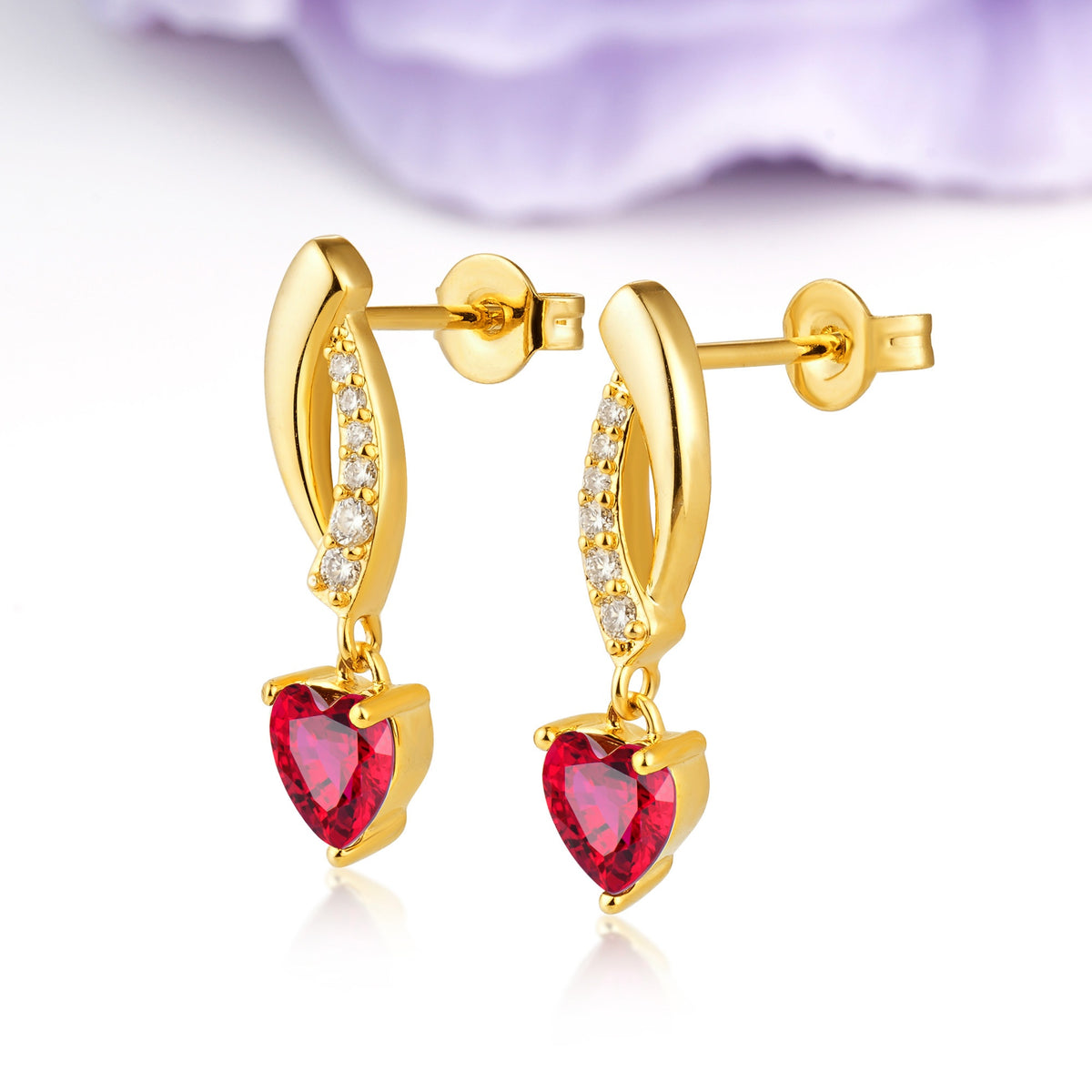 Romantic Curved?Shank Pave?Accent Heart Cut Ruby Gold Dangle Earrings - Additional view
