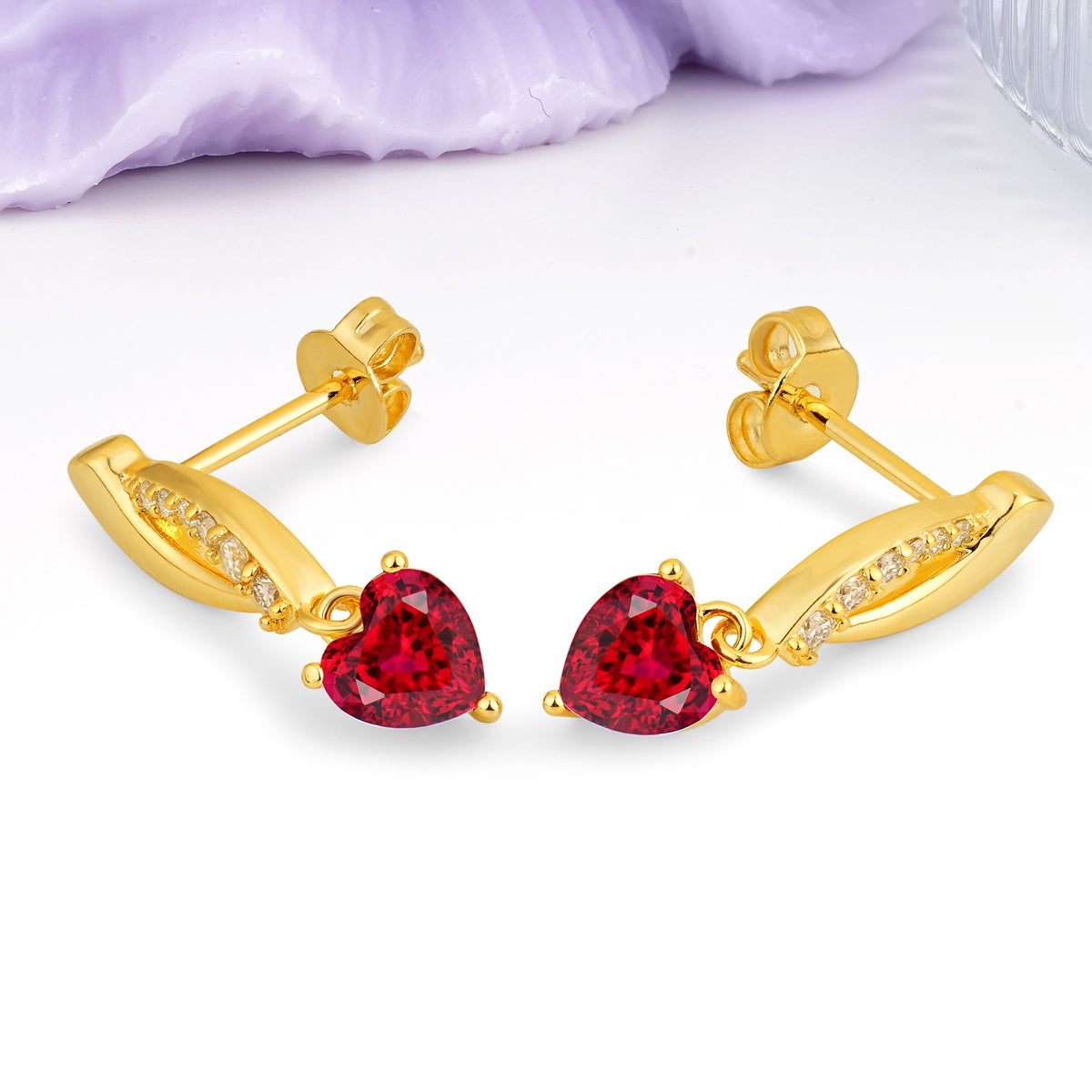 Romantic Curved?Shank Pave?Accent Heart Cut Ruby Gold Dangle Earrings - Additional view