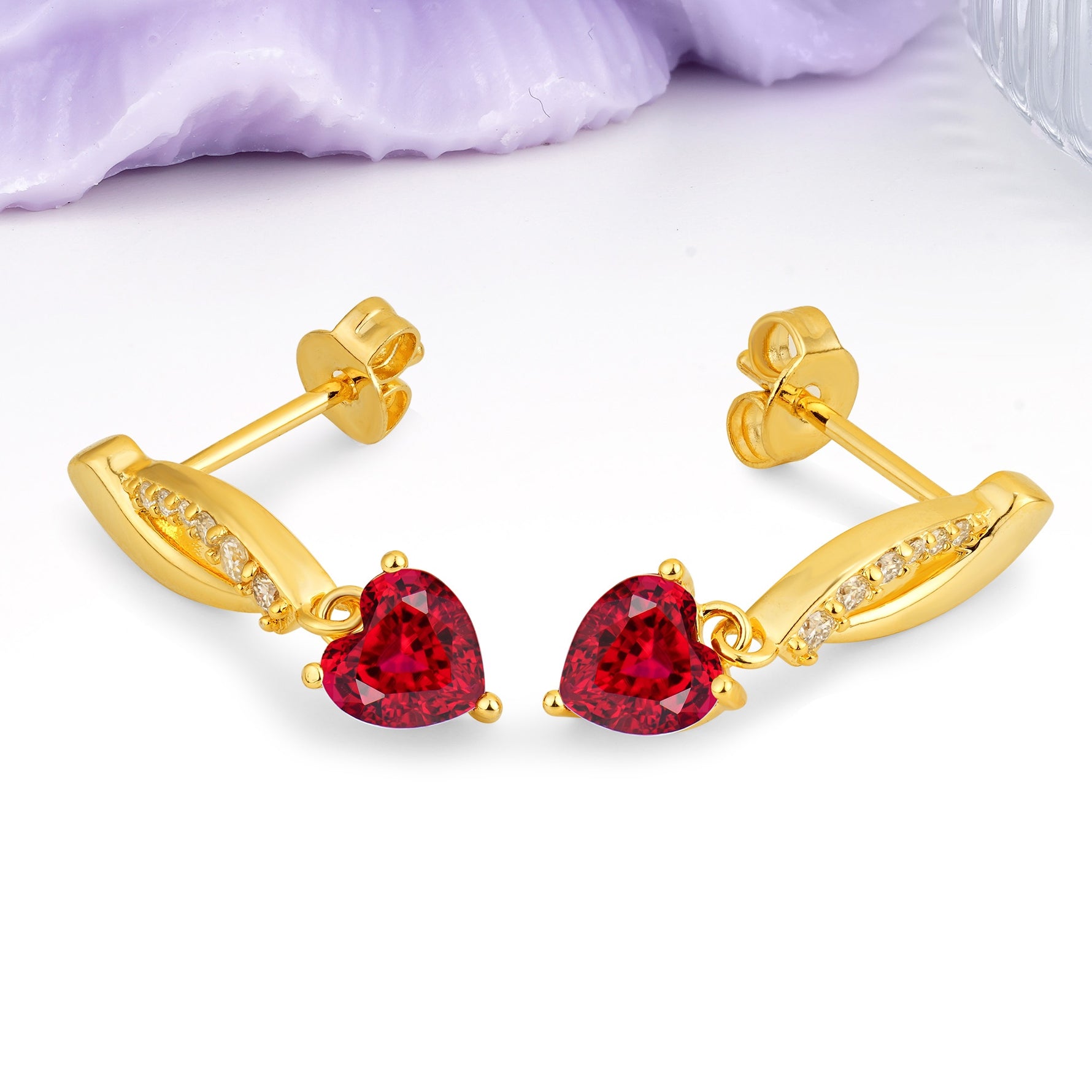 Romantic Curved?Shank Pave?Accent Heart Cut Ruby Gold Dangle Earrings - Additional view