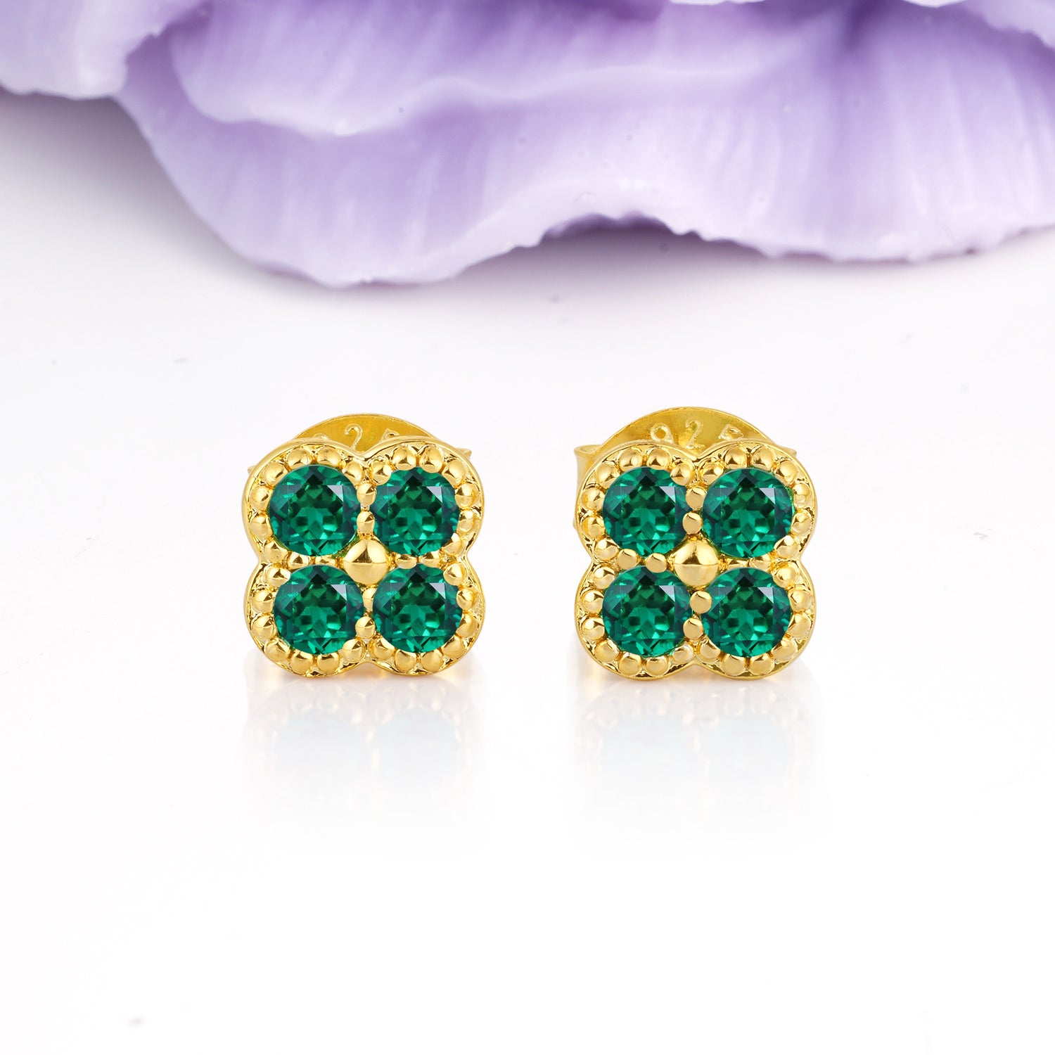 Dainty Lucky Clover Shaped Emerald Bezel Stud Earrings