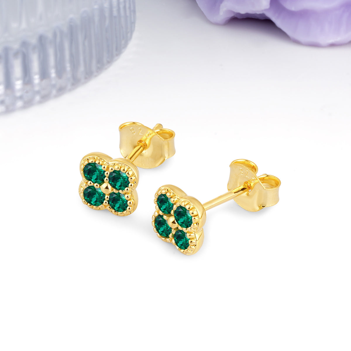 Dainty Lucky Clover Shaped Emerald Bezel Stud Earrings