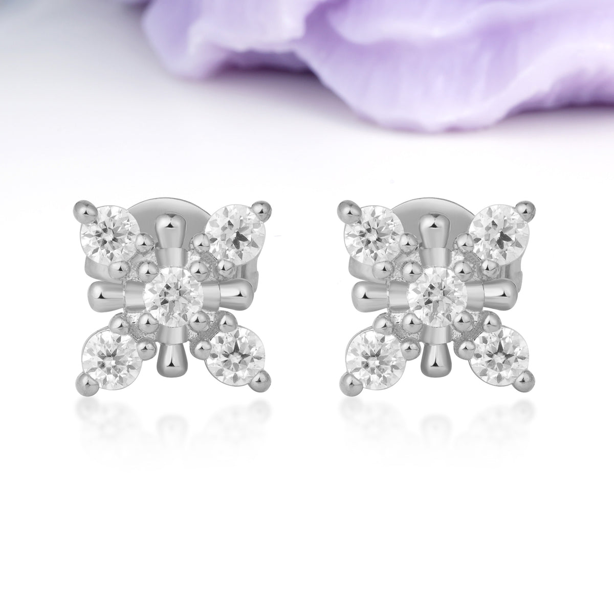 Bead?Accent Geometric Blossom Cluster Moissanite Stud Earrings - Additional view