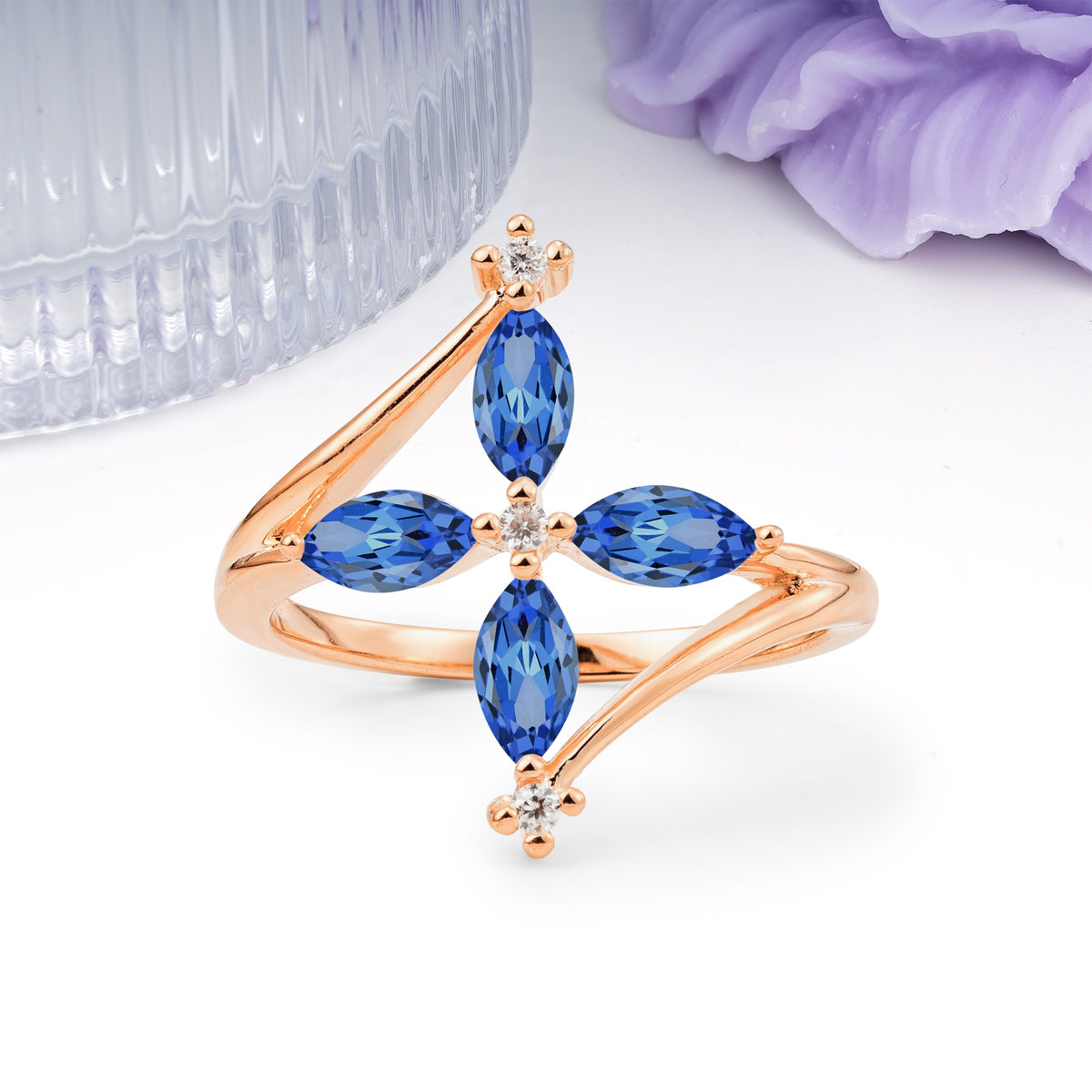 Four Marquise Cut Cross Flower Sapphire Wedding Ring - Additional view