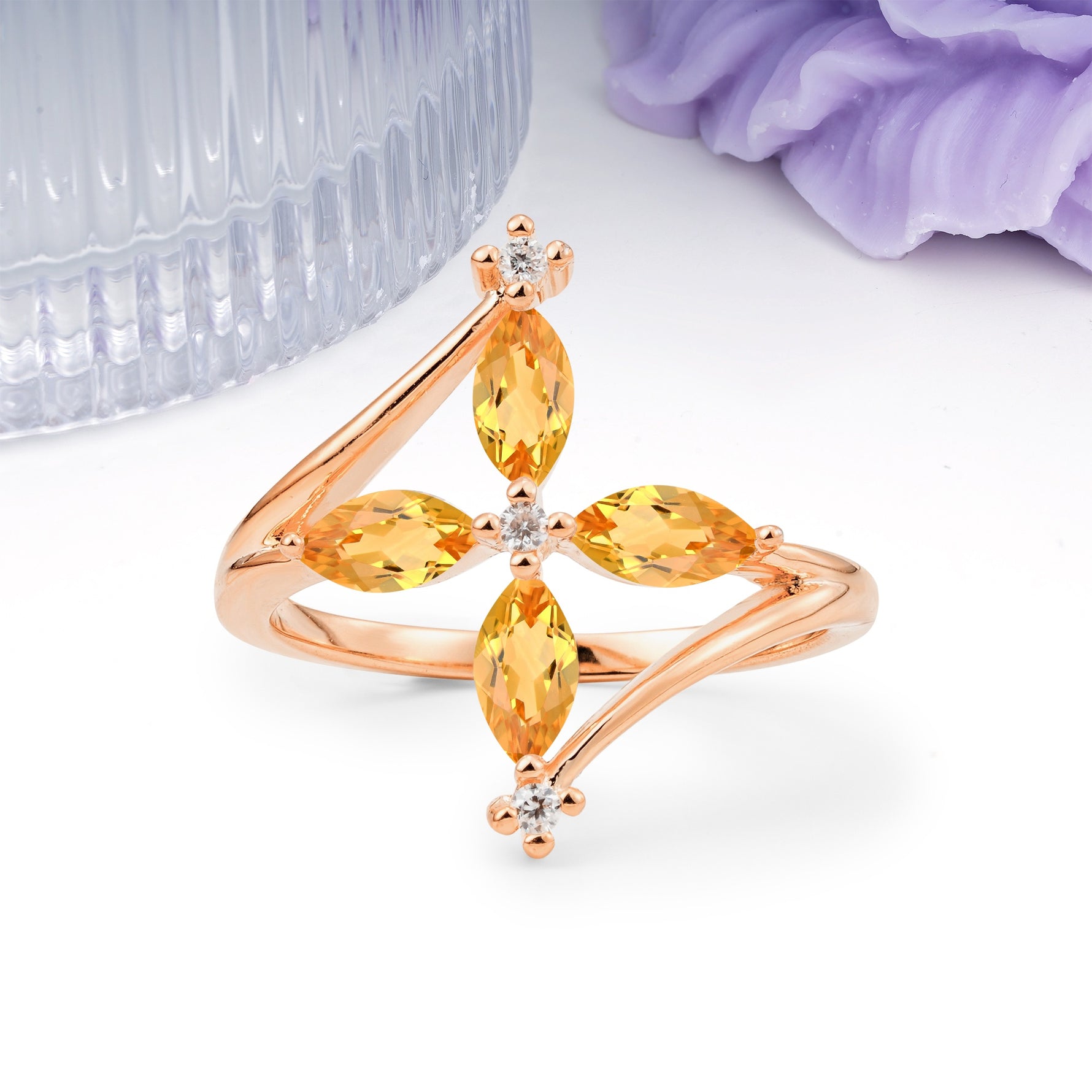 Four Marquise Cut Cross Flower Citrine Wedding Ring - Additional view