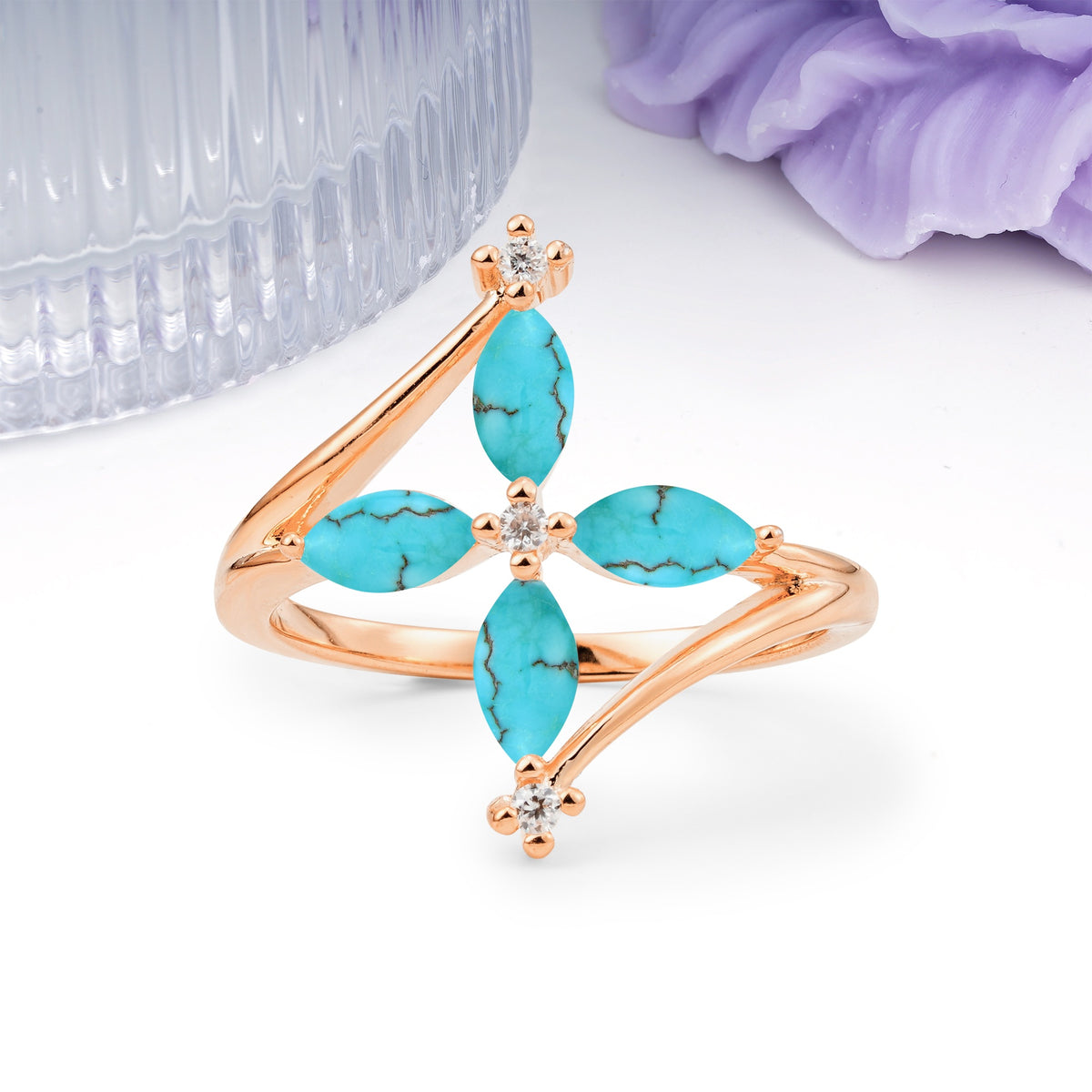 Four Marquise Cut Cross Flower Turquoise Wedding Ring - Additional view