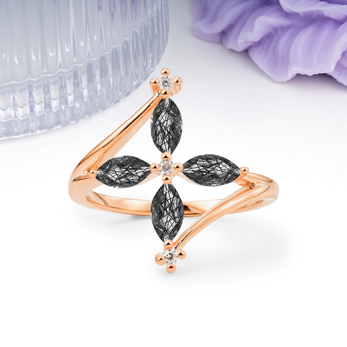 Four Marquise Cut Cross Flower Black Rutilated Quartz Wedding Ring - Additional view