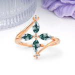 Four Marquise Cut Cross Flower Moss Agate Wedding Ring - Additional view