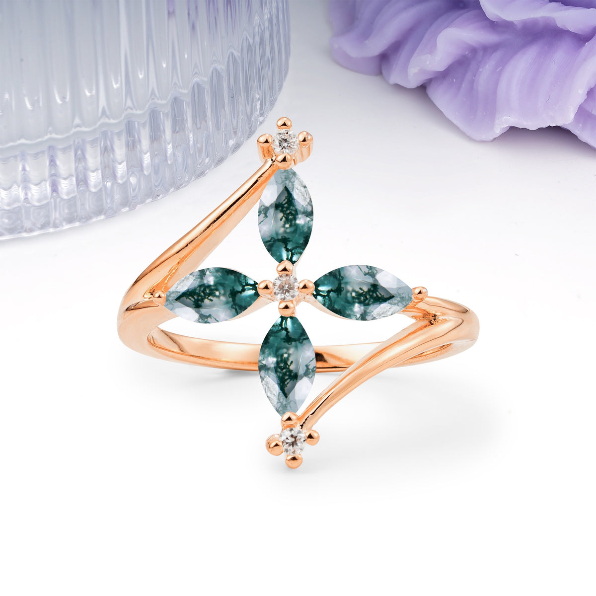 Four Marquise Cut Cross Flower Moss Agate Wedding Ring - Additional view