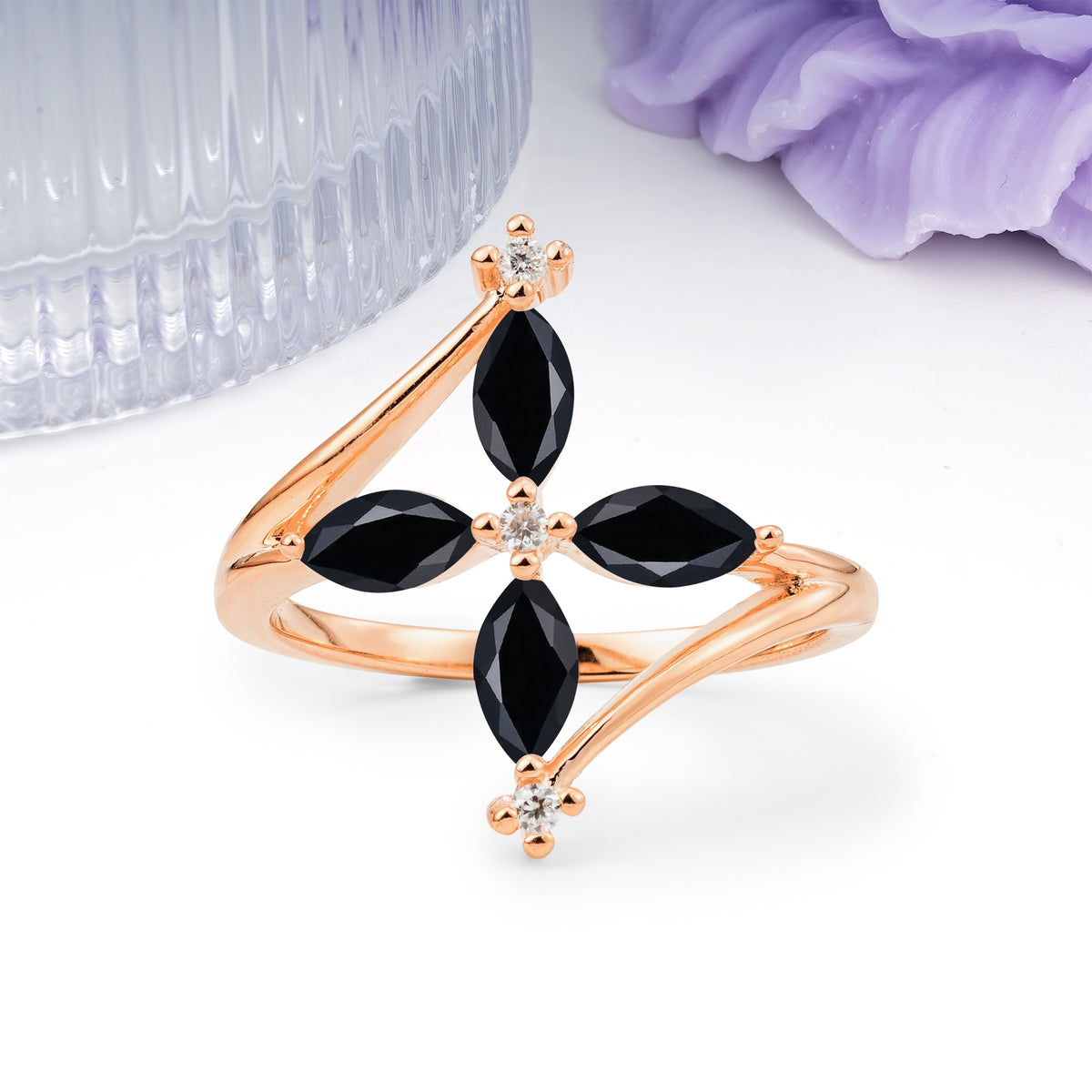Four Marquise Cut Cross Flower Black Onyx Wedding Ring - Additional view