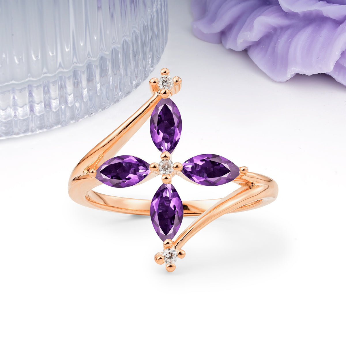 Four Marquise Cut Cross Flower Amethyst Wedding Ring - Additional view