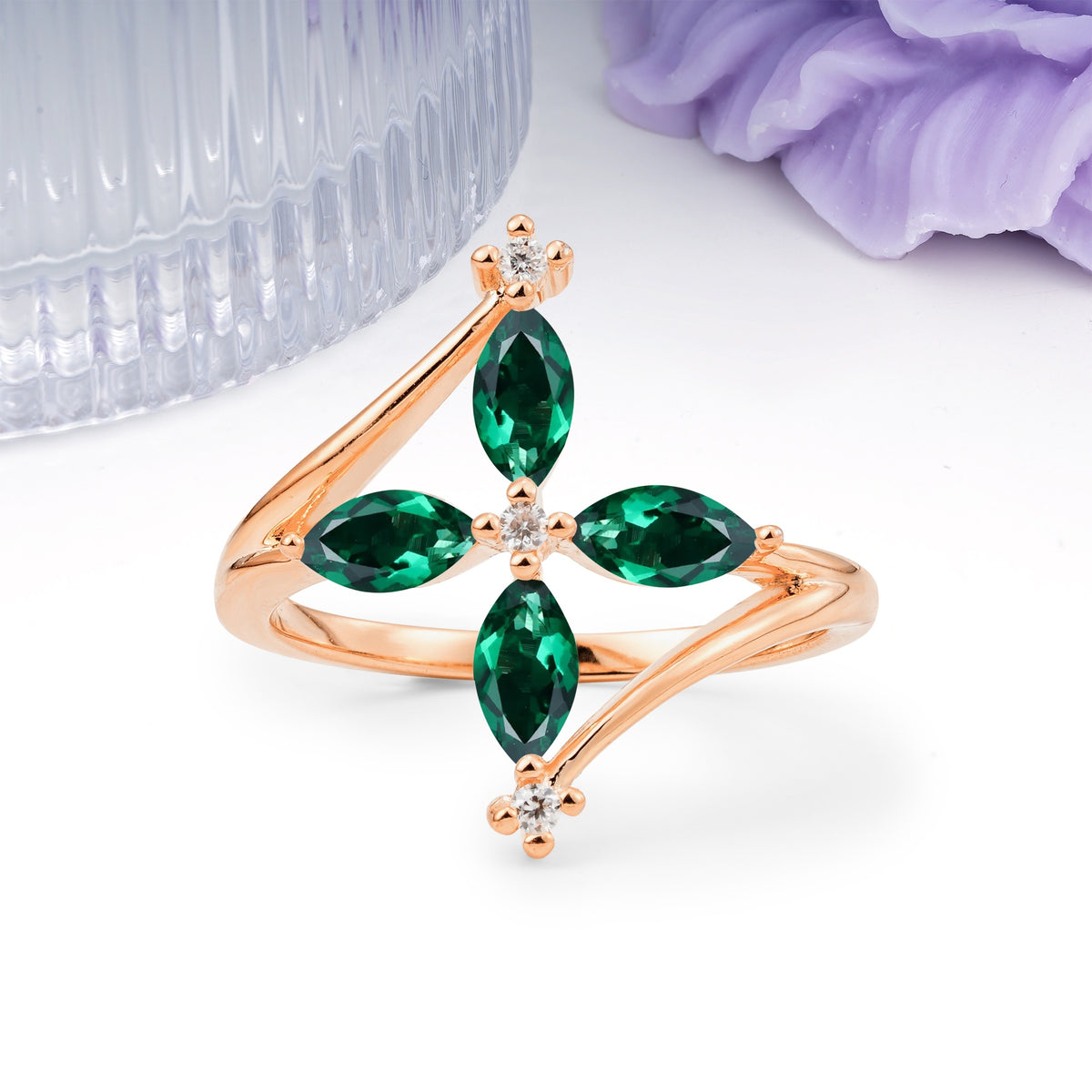 Four Marquise Cut Cross Flower Emerald Wedding Ring - Additional view