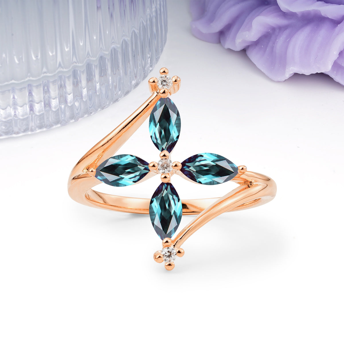 Four Marquise Cut Cross Flower Alexandrite Wedding Ring - Additional view