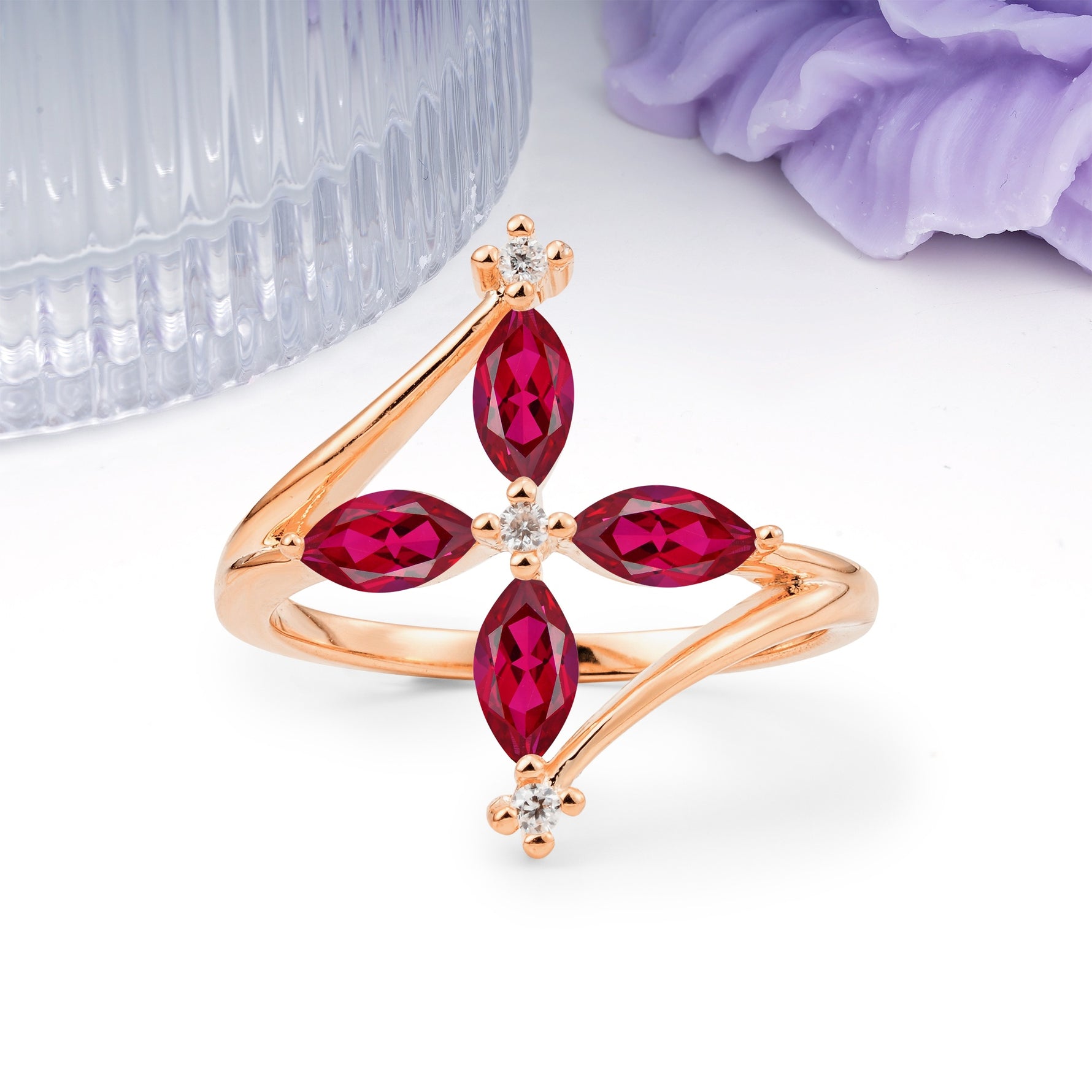 Four Marquise Cut Cross Flower Ruby Wedding Ring - Additional view