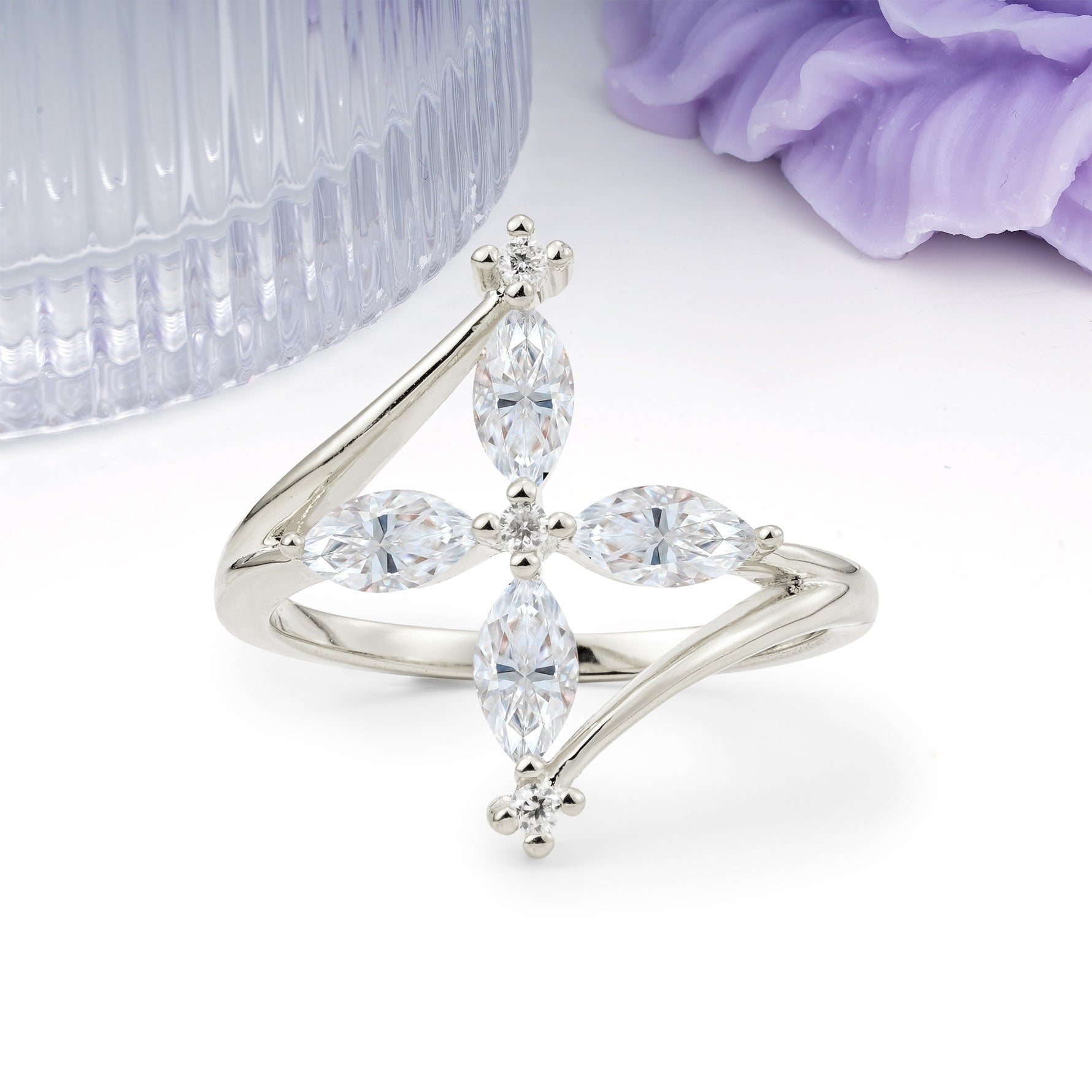 Four Marquise Cut Cross Flower Moissanite Wedding Ring - Additional view