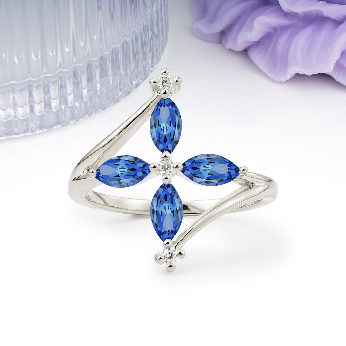 Four Marquise Cut Cross Flower Sapphire Wedding Ring - Additional view