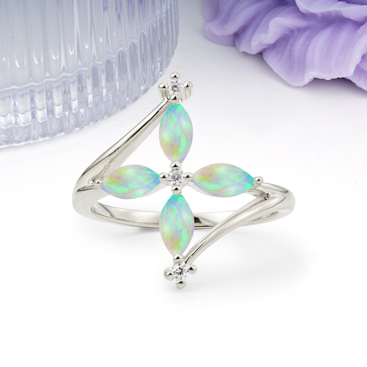 Four Marquise Cut Cross Flower Fire Opal Wedding Ring - Additional view