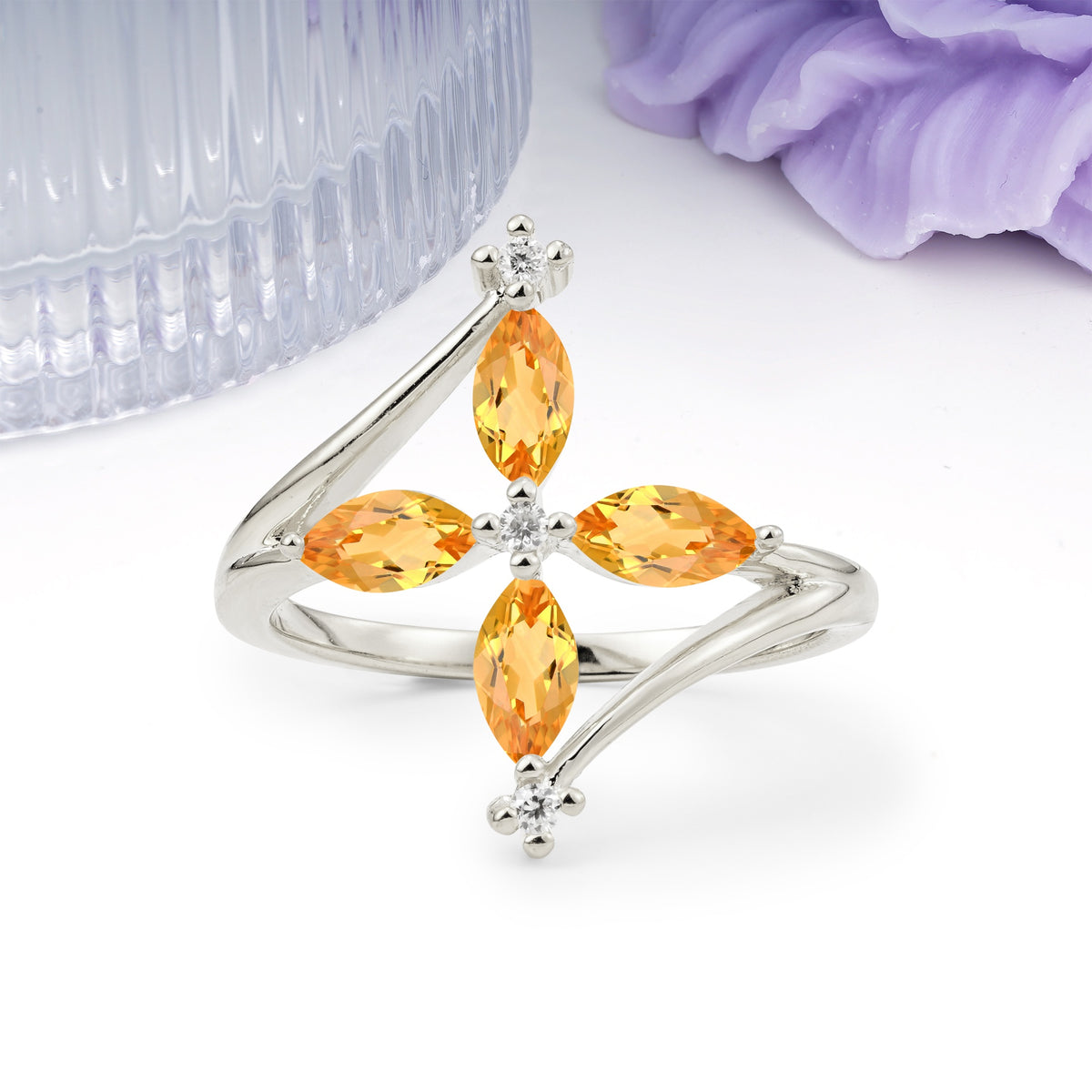 Four Marquise Cut Cross Flower Citrine Wedding Ring - Additional view
