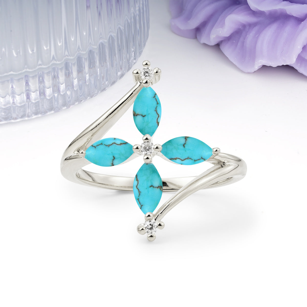 Four Marquise Cut Cross Flower Turquoise Wedding Ring - Additional view