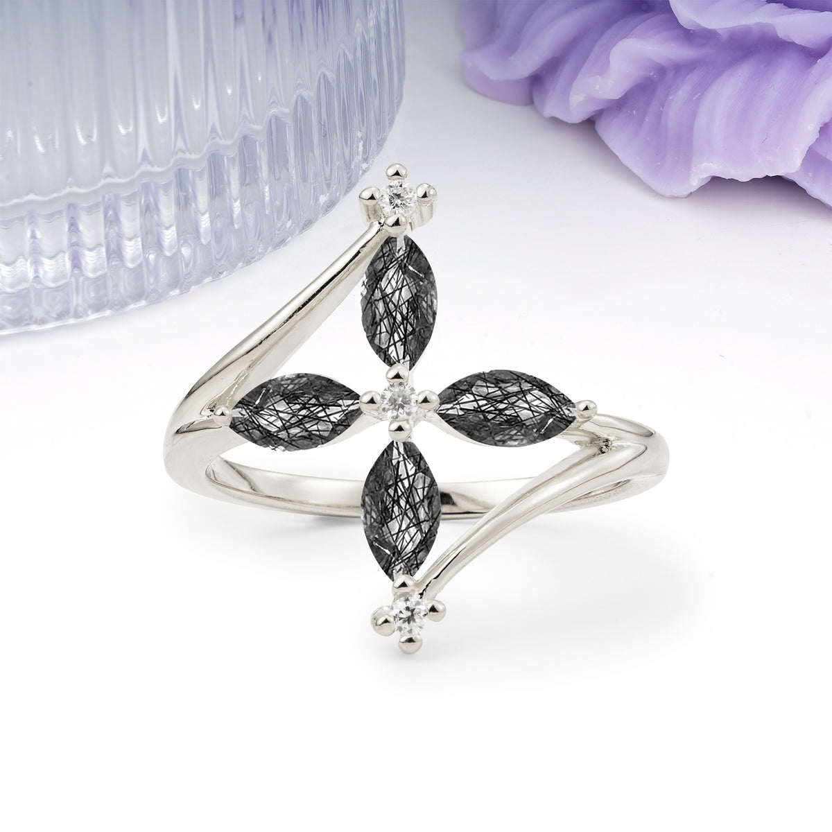 Four Marquise Cut Cross Flower Black Rutilated Quartz Wedding Ring - Additional view