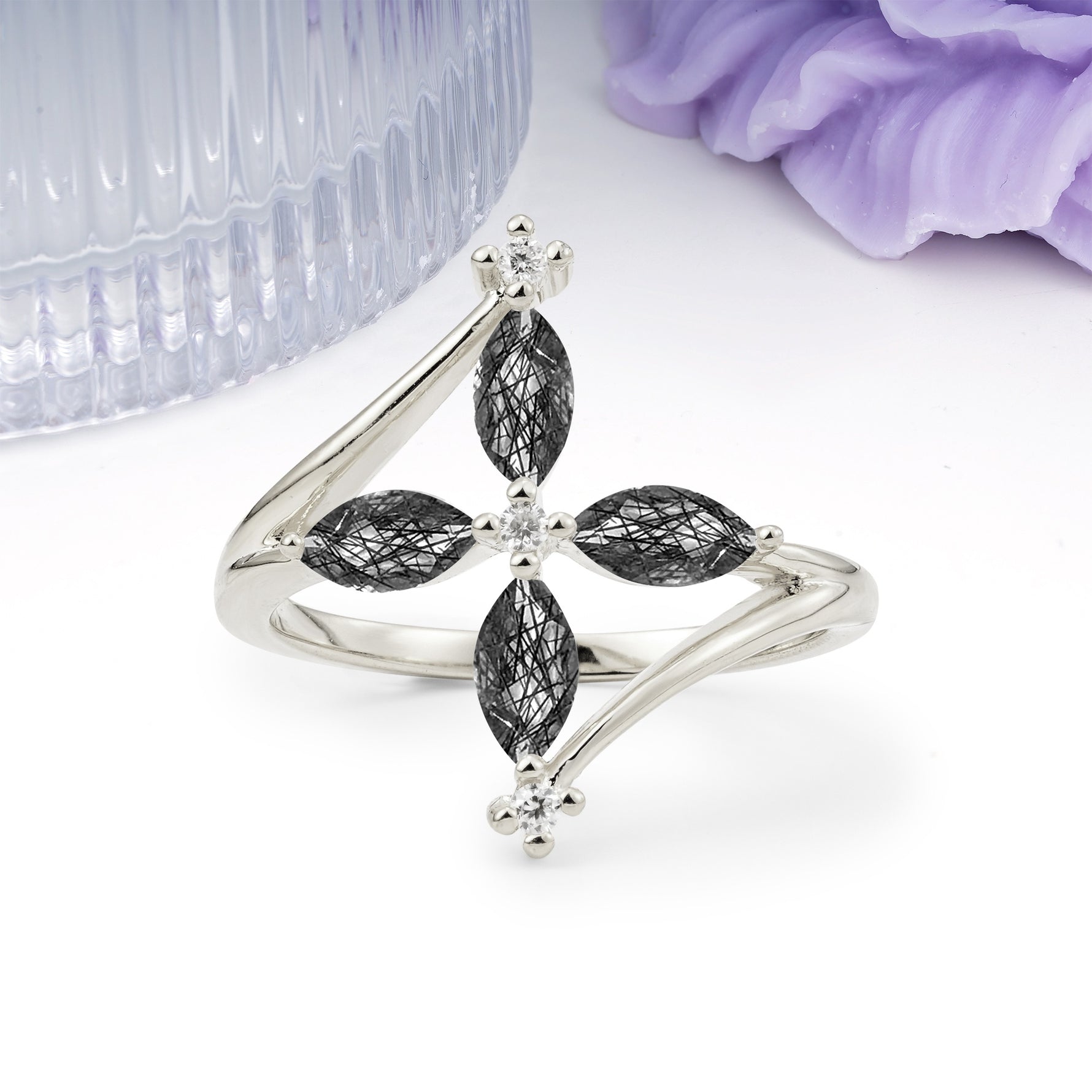 Four Marquise Cut Cross Flower Black Rutilated Quartz Wedding Ring - Additional view