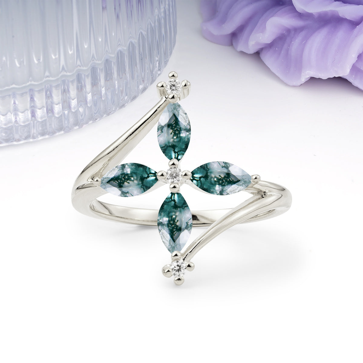 Four Marquise Cut Cross Flower Moss Agate Wedding Ring - Additional view