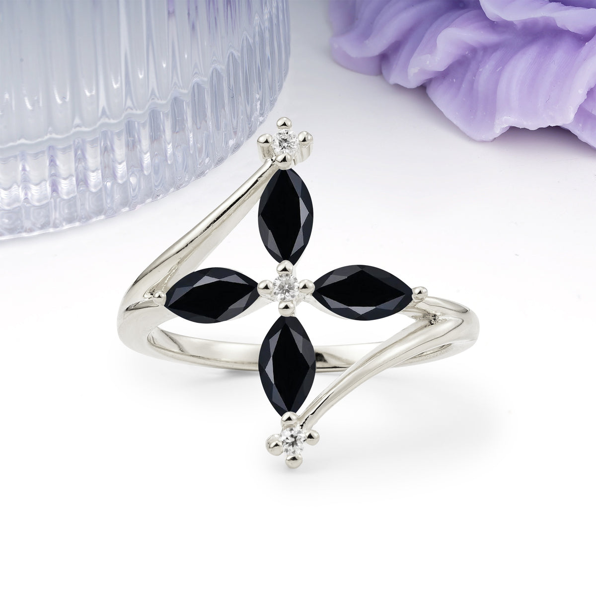 Four Marquise Cut Cross Flower Black Onyx Wedding Ring - Additional view