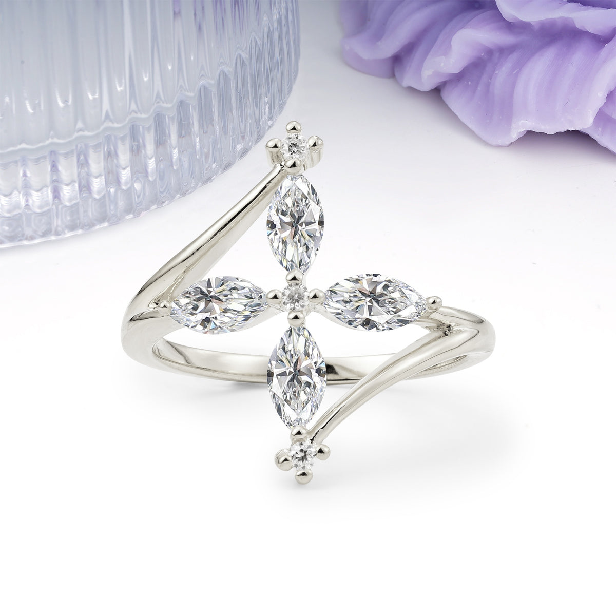 Four Marquise Cut Cross Flower Lab Diamond Wedding Ring - Additional view
